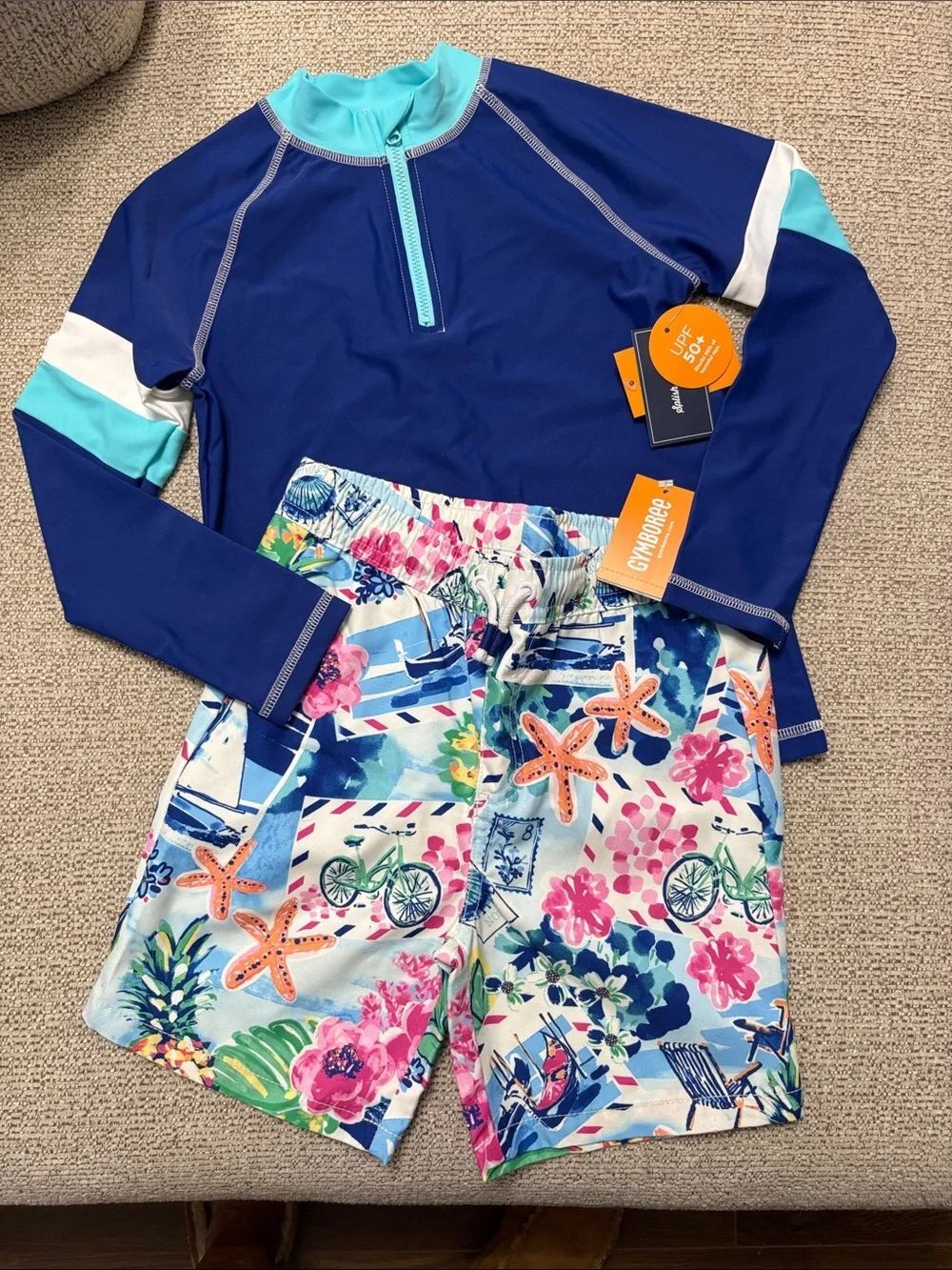Gymboree Royal Blue Aqua & White Kids Rash Guard Set Floral Starfish Boardshorts